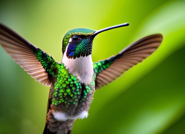 Ein Kolibri mit grünen und blauen Federn schlägt mit den Flügeln.