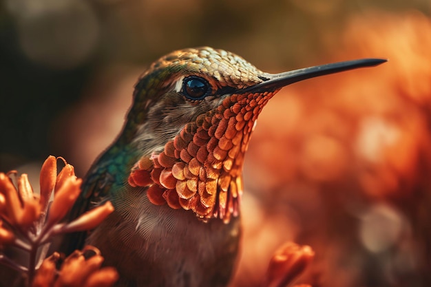 Ein Kolibri mit langem Schnabel sitzt auf einem Ast.