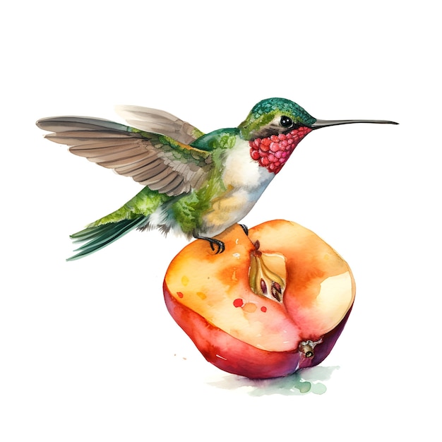 Ein Kolibri sitzt auf einem Pfirsich.