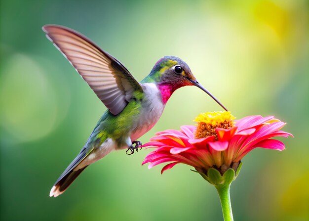 ein Kolibri sitzt auf einer Blume und der Vogel hält seinen Schnabel