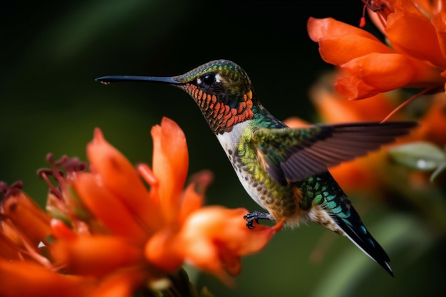 Ein Kolibri sitzt mit ausgebreiteten Flügeln auf einer Blume.