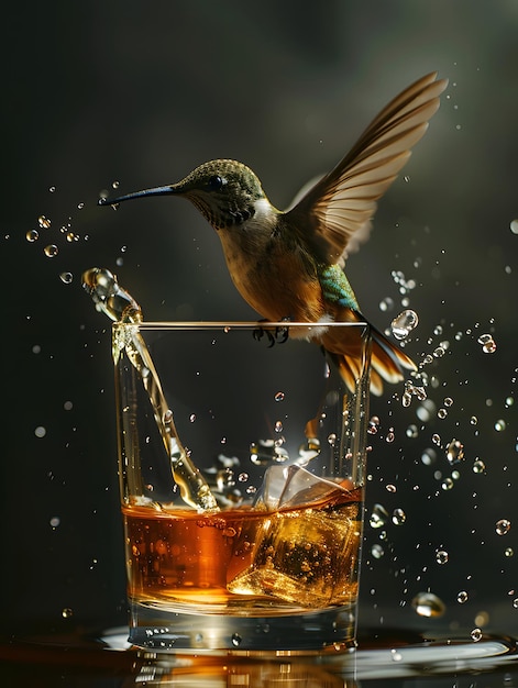 Ein Kolibri trinkt aus einem Glas Whisky Konzept Werbung Alkoholkonsum