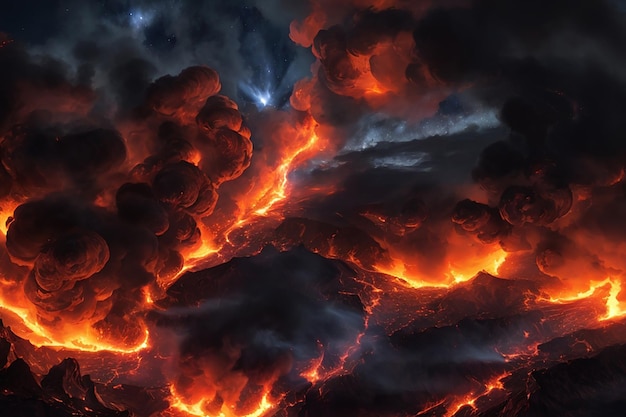 Ein kolossaler Vulkanausbruch erhellt sich mit Feuer und Rauch