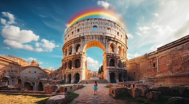 Ein Kolosseum-Regenbogen. Der Blick eines Mädchens auf das Alte Königreich, ein wunderschöner Ort in Rom, Italien