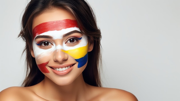 Ein kolumbianischer Jugendlicher hat die Nationalflagge auf das Gesicht gemalt