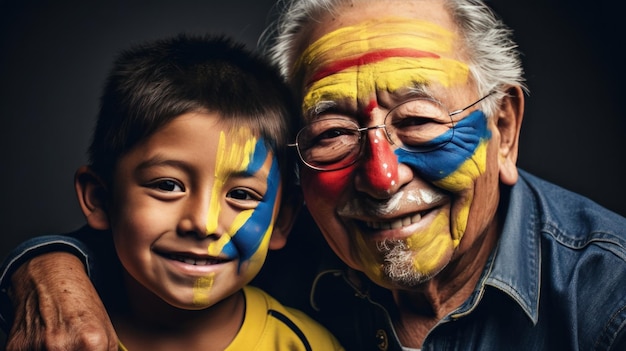 Ein kolumbianischer Junge und sein Großvater malen sich die Nationalflagge ins Gesicht