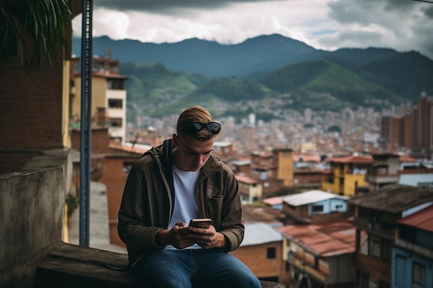 Ein kolumbianischer Mann benutzt ein Smartphone, während er auf einer kolumbianischen Straße sitzt. KI generiert