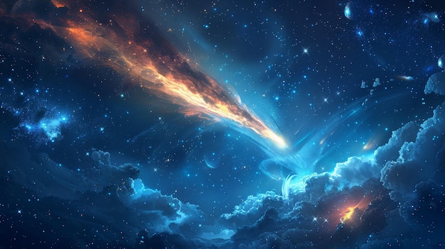 Ein Komet, der über einen mit Sternen gefüllten Himmel fährt, und sein Schwanz leuchtet hell