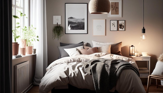 Ein komfortables, modernes Schlafzimmer mit einem sauberen Dekor. Das Queensize-Bett ist mit weicher, flauschiger Bettwäsche in gedeckten Farben bezogen und ein riesiges Fenster lässt natürliches Licht herein. Generative AI