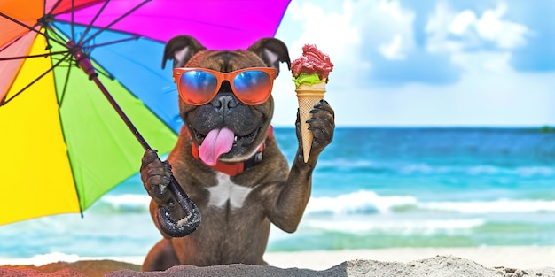 Ein komischer Moment eines lustig aussehenden Hundes mit Sonnenbrille, der unter einem Strandschirm Eis isst