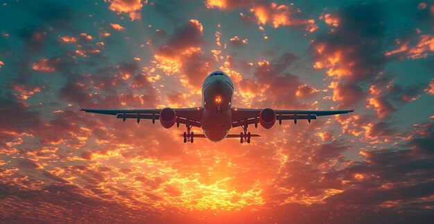 Ein kommerzielles Zivilflugzeug fliegt unter der hellen Sonne über die Wolken.