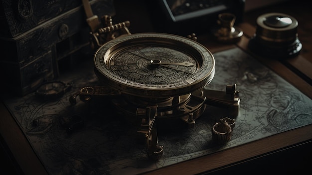 Ein Kompass auf einem Schreibtisch in einem dunklen Raum mit einem Bild eines Mannes an der Wand.