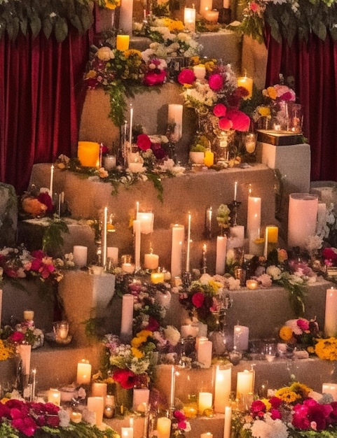 Ein komplizierter und detaillierter Altar mit Opfergaben von Nahrungsmitteln, Blumen und Kerzen zu Ehren der Toten