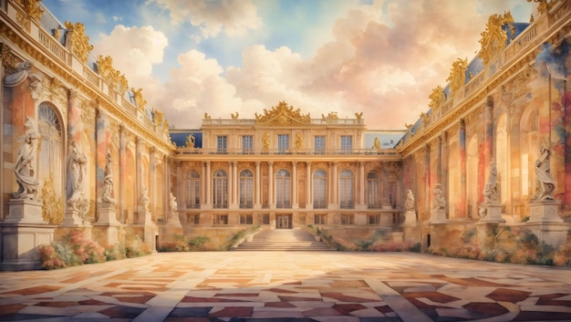 Ein komplizierter Wandteppich des Schlosses von Versailles, wiedergegeben in einem lebendigen Aquarellstil