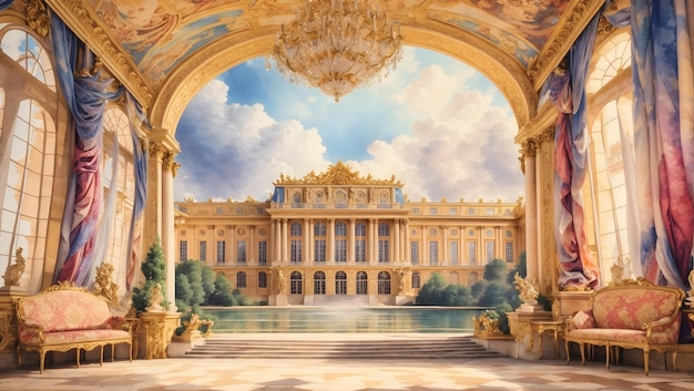 Ein komplizierter Wandteppich des Schlosses von Versailles, wiedergegeben in einem lebendigen Aquarellstil