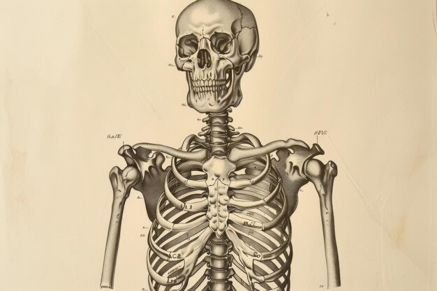 Ein kompliziertes Diagramm, das das menschliche Skelett mit gekennzeichneten Knochen in einer Standardskala darstellt