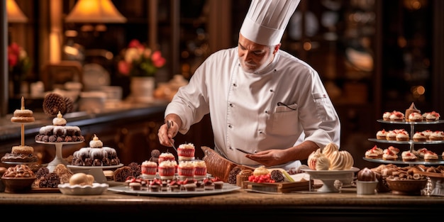 Ein Konditor präsentiert auf einem Desserttisch eine Reihe wunderschön zubereiteter Desserts und Gebäckstücke