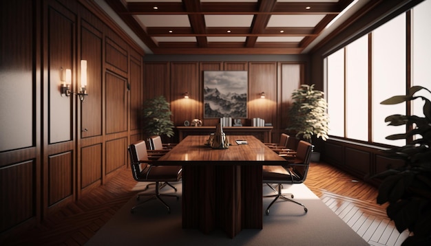 Ein Konferenzraum mit einem großen Holztisch und Stühlen.