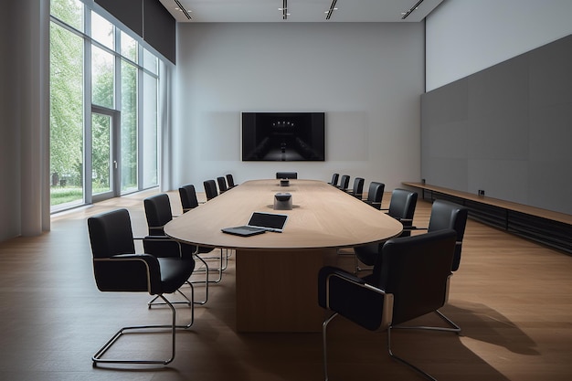 Ein Konferenzraum mit einem großen Tisch und Stühlen sowie einem großen Bildschirm, auf dem „die Nummer 1“ steht.