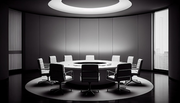 Ein Konferenzraum mit einem runden Tisch und Stühlen