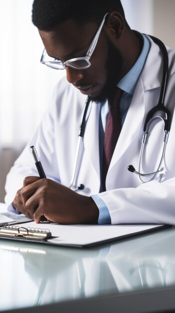 Ein konzentrierter junger afroamerikanischer Arzt, der einem Patienten ein Rezept schreibt.