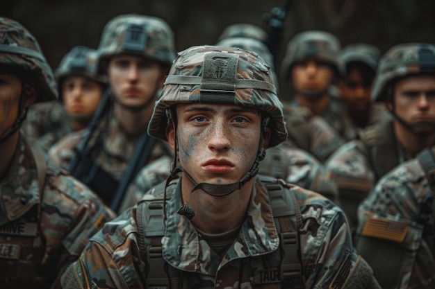 Ein konzentrierter junger Soldat mit Freckles, der während einer Besprechung in militärischer Formation auffällt