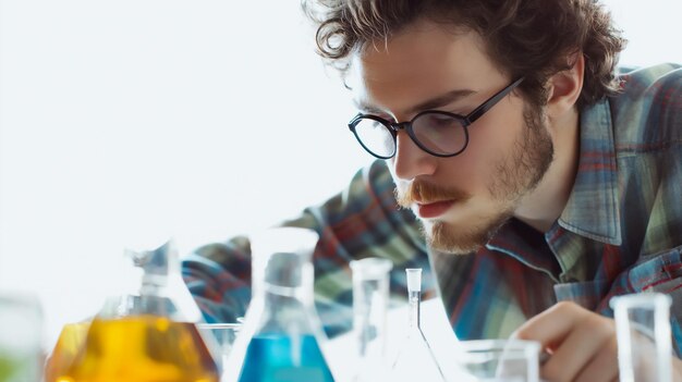 Foto ein konzentrierter junger wissenschaftler mit brille untersucht becher und reagenzröhren, die mit farbenfrohen flüssigkeiten gefüllt sind