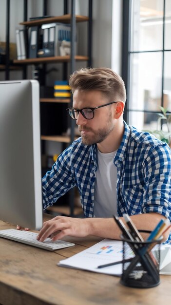 Ein konzentrierter kaukasischer Mann programmiert auf einem Desktop-Computer in einem stilvollen Büro.