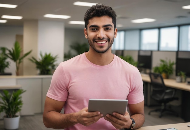 Ein konzentrierter Mann, der ein Tablet in einer Büroumgebung hält, sein rosa Hemd und seine selbstbewusste Haltung deuten darauf hin,