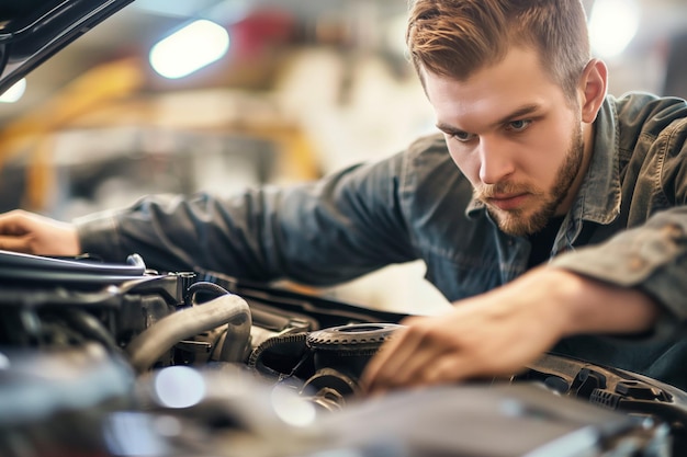 Ein konzentrierter Mann, der in einer Autoreparaturwerkstatt an einem Automotor arbeitet