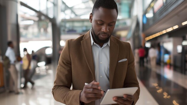 Ein konzentrierter Unternehmer führt Marktforschung auf einem digitalen Tablet in einem belebten Flughafenterminal durch
