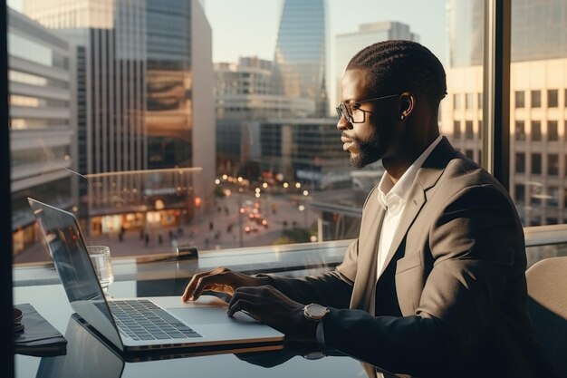 Ein konzentrierter Unternehmer sitzt im Café und arbeitet am Laptop