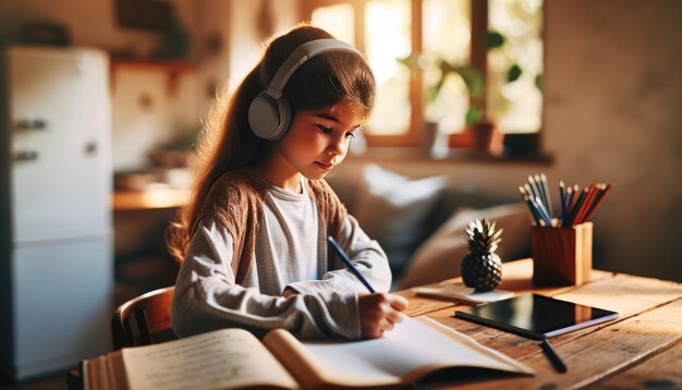 Foto ein konzentriertes junges mädchen mit kopfhörern schreibt fleißig in ihr notizbuch zu hause mit einem tablet, das neben ihr liegt