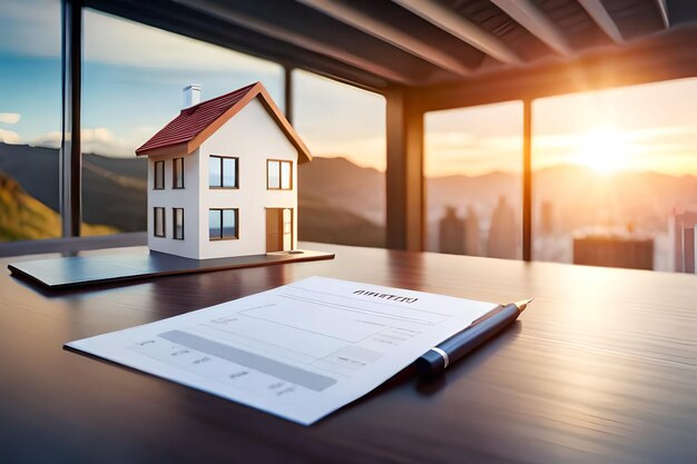 Foto ein konzept holo 3d-render-modell eines kleinen wohnhauses auf einem tisch in einer immobilienagentur unterzeichnen m