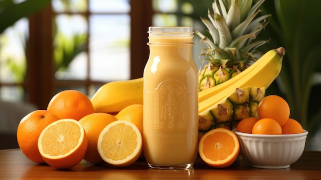 Ein konzeptueller Smoothie mit Reinigungskomponenten. 100% Bio-Saft in einer Flasche, perfekt für einen Fastentag oder eine Diät. Unter den verschiedenen Früchten und Gewürzen sind Bananen, Datteln, Orangen und Ingwer.