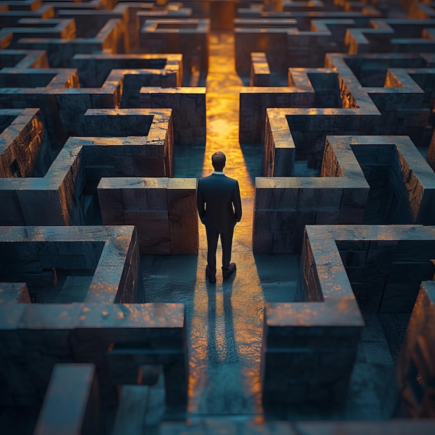 Ein konzeptuelles Kunstwerk eines Geschäftsmanns, der an der Kreuzung eines Labyrinths steht, das strategische Entscheidungsfindung und Führung symbolisiert.
