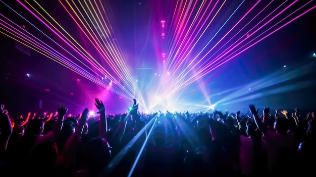 Ein Konzert mit einer violetten Lichtshow und einer Menschenmenge mit erhobenen Händen