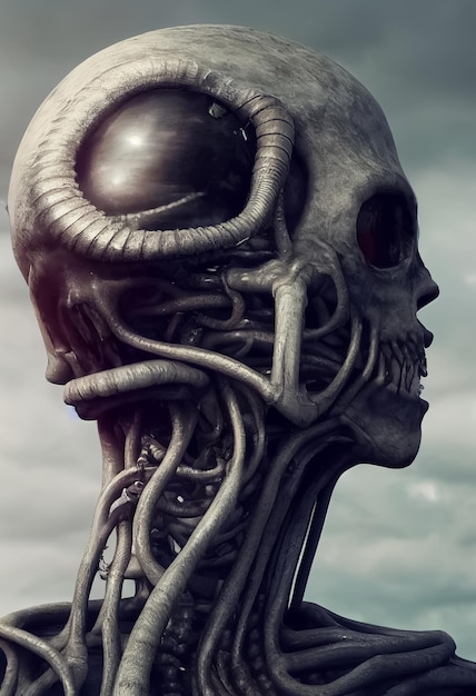 Ein Kopf mit einem Totenkopf und einem großen Auge, auf dem „Alien“ steht