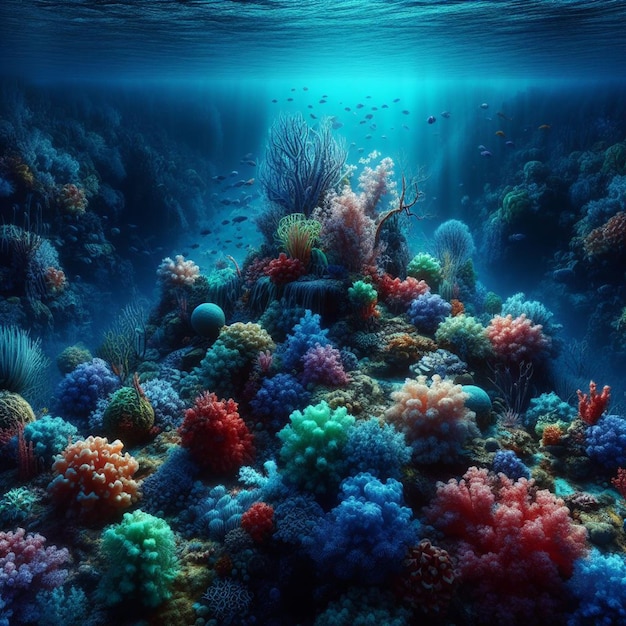 ein Korallenriff mit einem blauen Korall und Korallen im Hintergrund