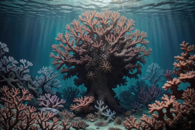 Ein Korallenriff mit einem großen Baum in der Mitte.