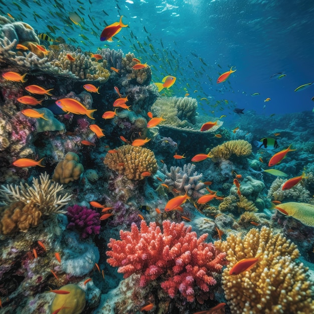 Ein Korallenriff mit einem im Wasser schwimmenden Fisch