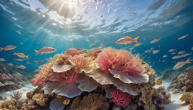 Foto ein korallenriff mit mehreren kleinen fischen, die um ihn herum schwimmen