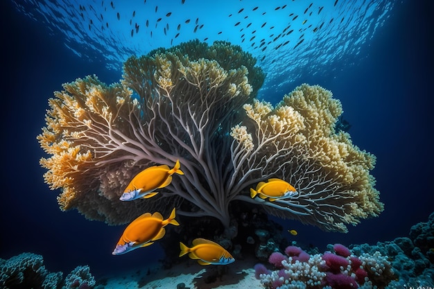 Ein Korallenriff, um das herum Fische schwimmen.