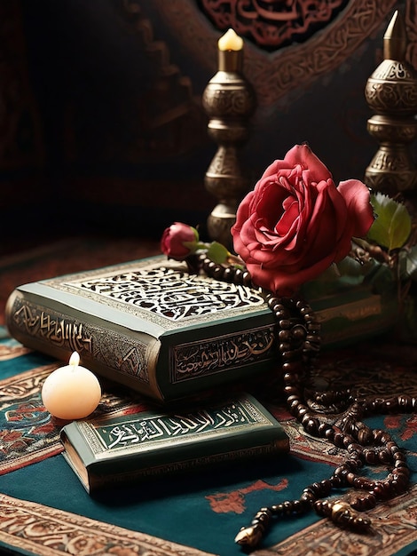 Foto ein koran sharif neben einer blume und tasbeeh