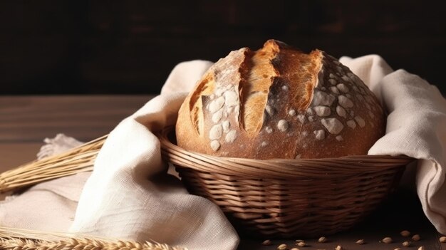 Ein Korb Brot mit Weizen auf dem Tisch