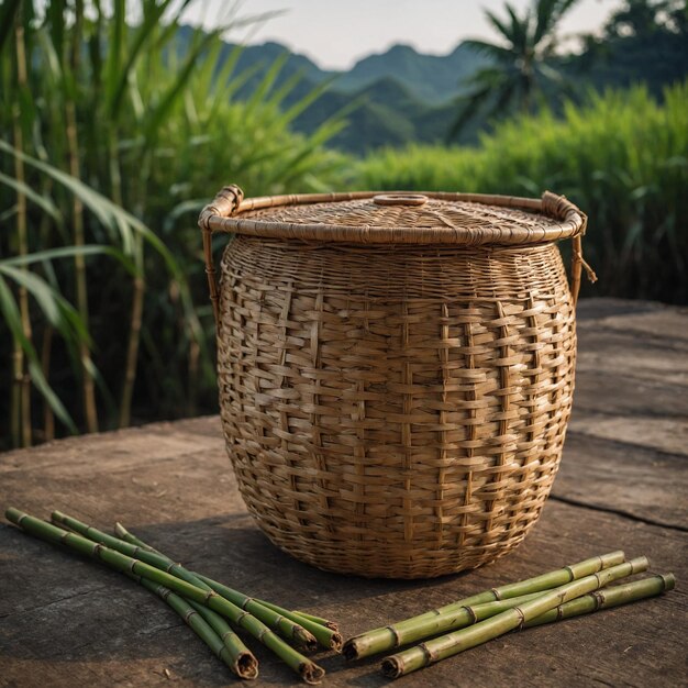 Foto ein korb mit bambusstäbchen auf einer holzoberfläche