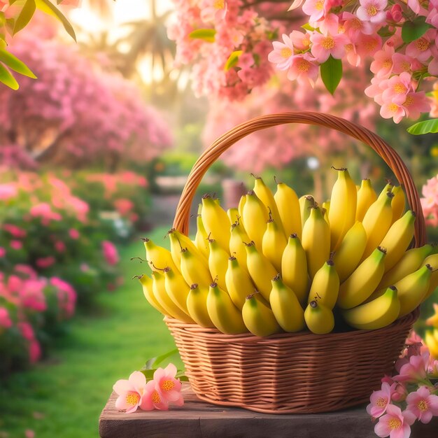 Foto ein korb mit bananen mit rosa blumen im hintergrund