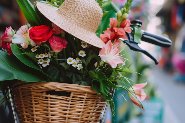 ein Korb mit Blumen und ein Fahrrad mit einem Korb voller Blumen