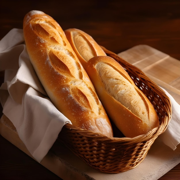 Ein Korb mit Brot steht auf einem Tisch mit einer weißen Serviette.