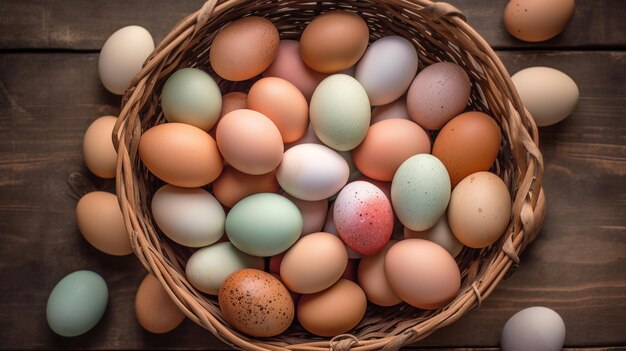 ein Korb mit bunten frischen Eiern in einem Holzkörbchen